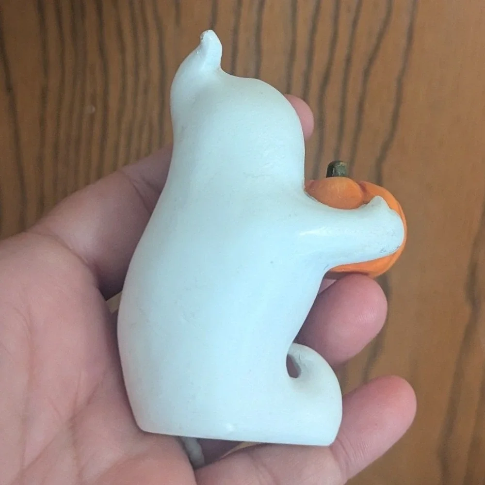 VTG Halloween Ghost Figurine w/ Pumpkin Small Spooky Seasonal Decor White Orange